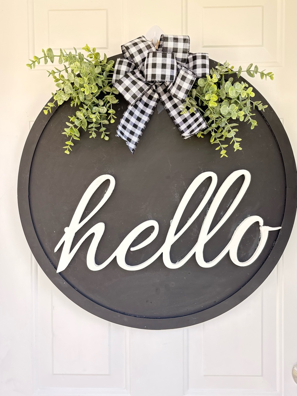 Handmade Round Black "Hello" Wooden Door Sign with Greenery & Black-White Bow